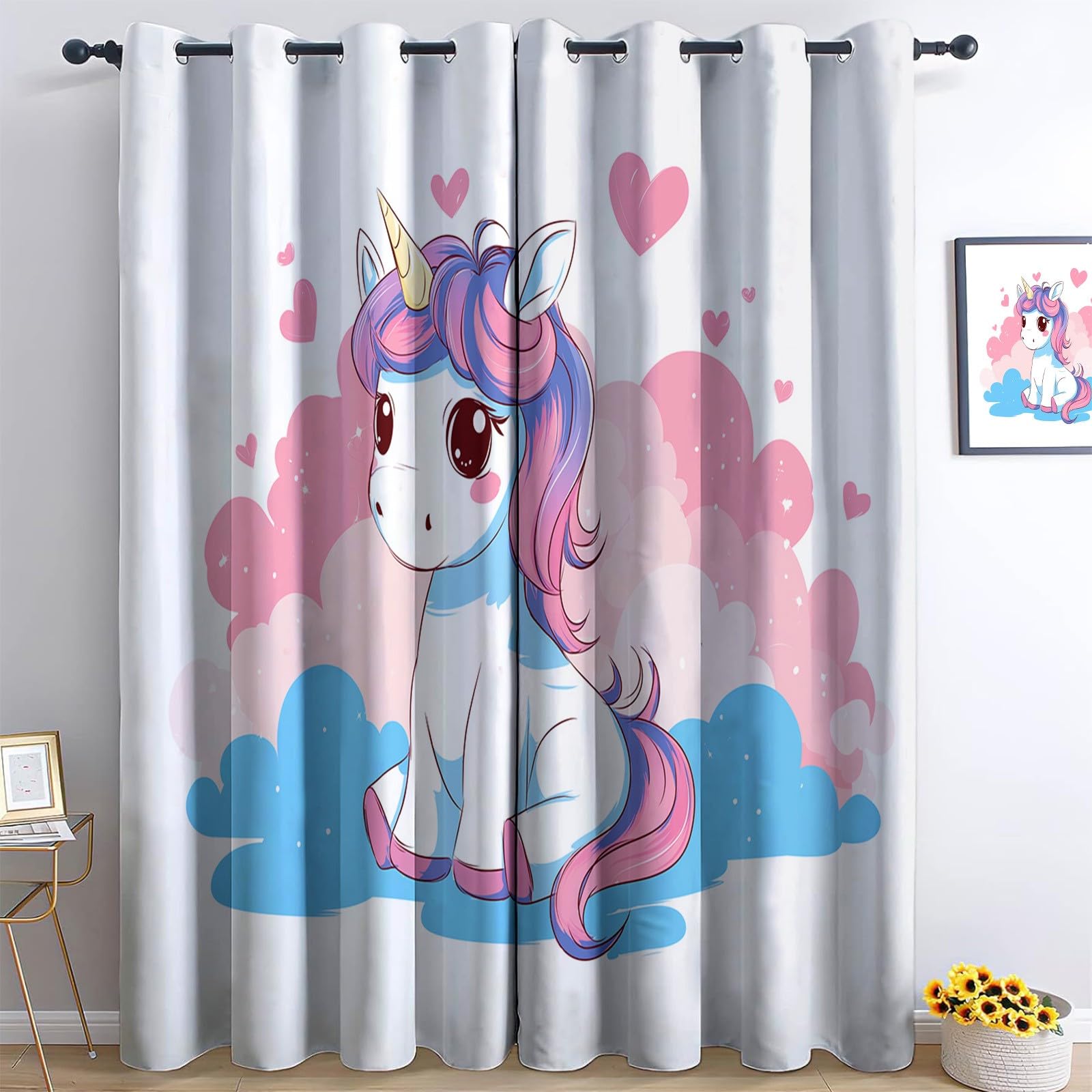 Générique Rideaux Occultants Licorne, Rideaux Imprimé Isolant Thermique Anti Froid - Draperies Polyester Oeillet Style Cartoon pour Chambre Salon Décoration Lot de 2 117L x 229H cm