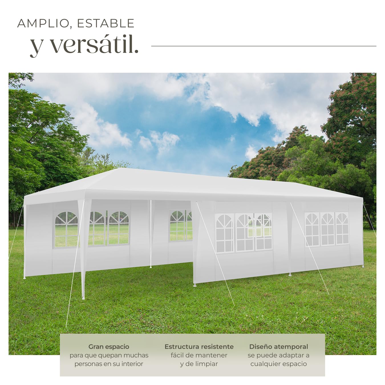 tectake® Carpa Desmontable, con 8 Paneles Laterales Desmontables, Protección a la Intemperie, Cenadores para Jardin, Playa, Cuerdas Tensoras y Piquetas, Carpas para Exteriores - 9x3 m Blanco
