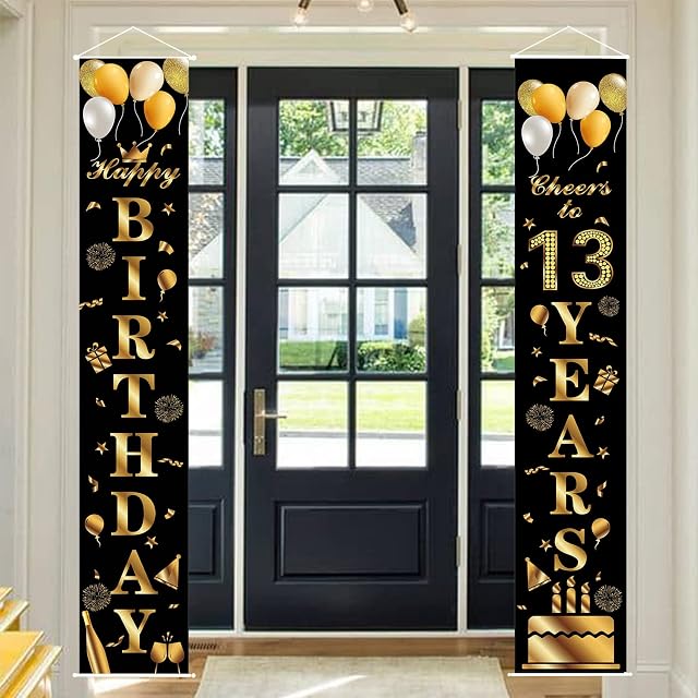 POPOYU Happy 13th Birthday Door Banner Party Decorations,Black Gold Fabric 13th Birthday Door Porch Sign Banner for boys Girls Women Men 13 Years Old Birthday Party Indoor Outdoor Decor Supplies