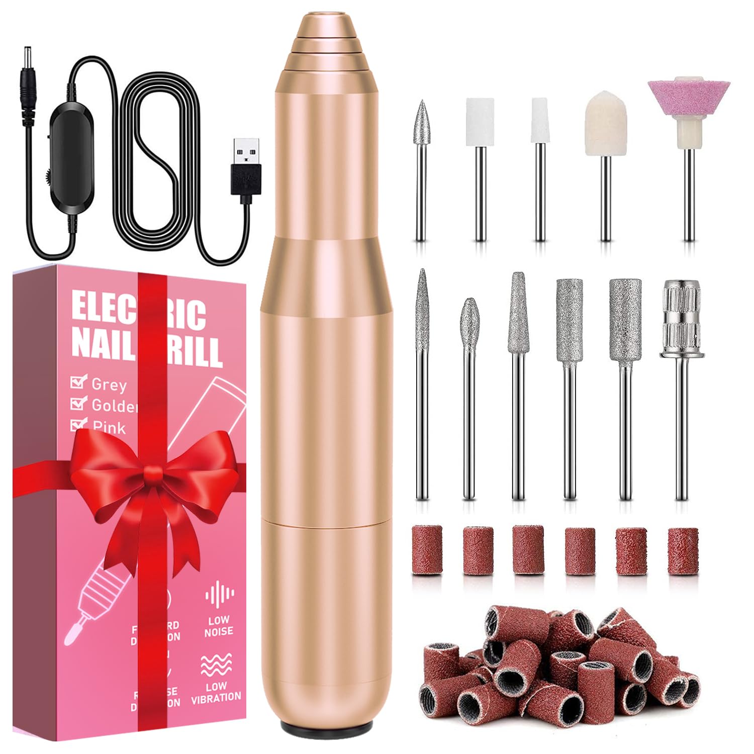 FOLAI Torno Para Uñas,11 en 1 Lima Electrica Uñas, Kit de Manicura y Pedicura EléCtrico Profesional,Velocidad Ajustable entregar Anillos de Arenas(Oro)…