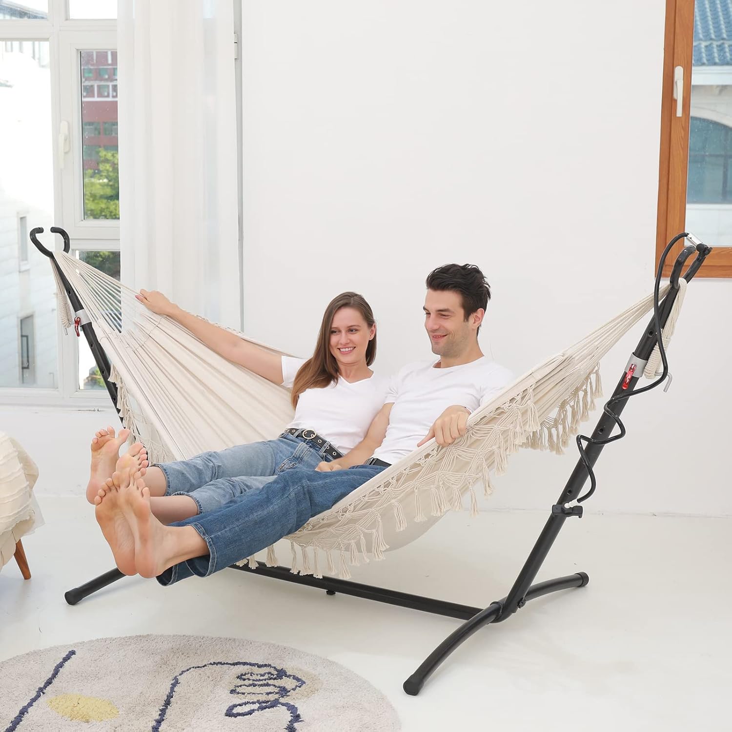 ​Boho Double Hammock for 2 Person - Portable with Carry Bag, Indoor/Outdoor Use for Patio, Beach, Camping (Beige)​