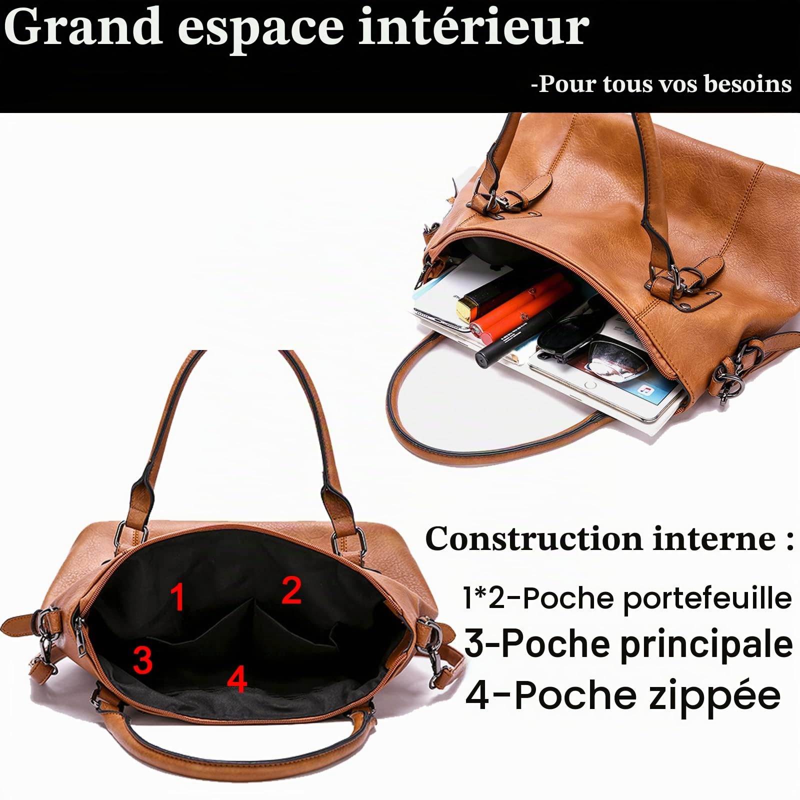 Sac à main pour femme en cuir souple rétro vintage avec poignée sur le dessus et poche