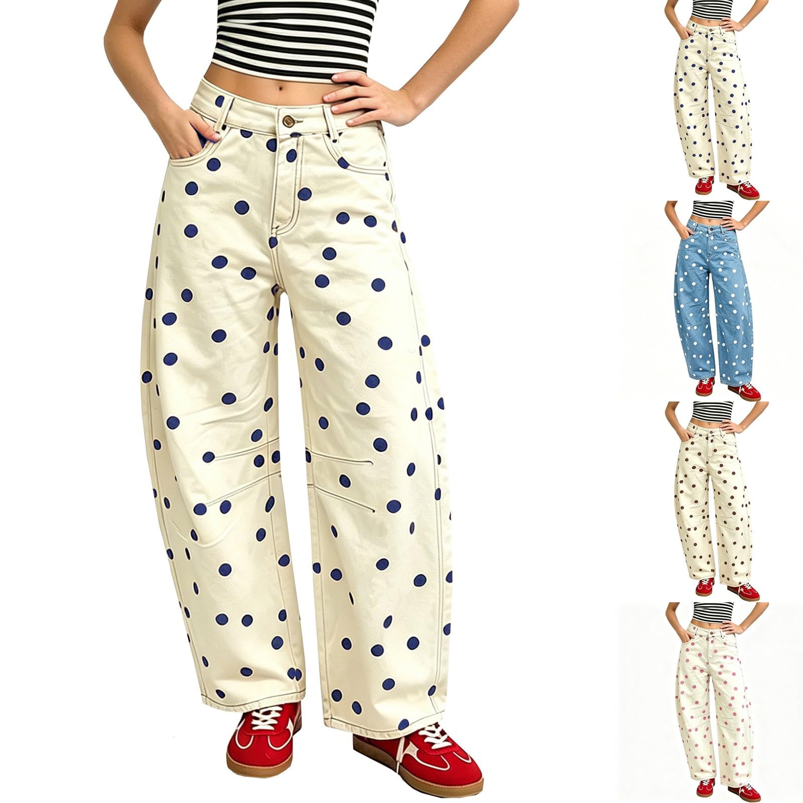 Baggy Jeans Damen Polka Dot Barrel Jeans High Waist Elegant Freizeithose