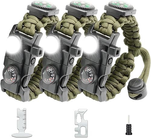 Miniatura 41 de Kit de equipo ajustable de pulsera de paracaídas de supervivencia 20 en 1 con luz LED SOS, iniciador de fuego, brújula más grande, silbato de Camo