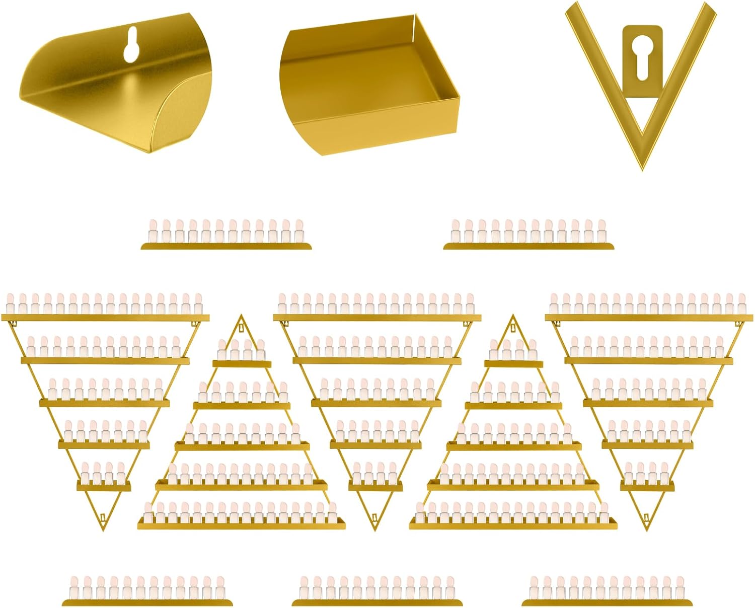 5 Tiers Triangular Nail Polish Rack for The Wall, 10PCS Metal Wall Mounted Display Shelves for Lipstick, Perfume, Home Spa, Salon Shop (Golden)