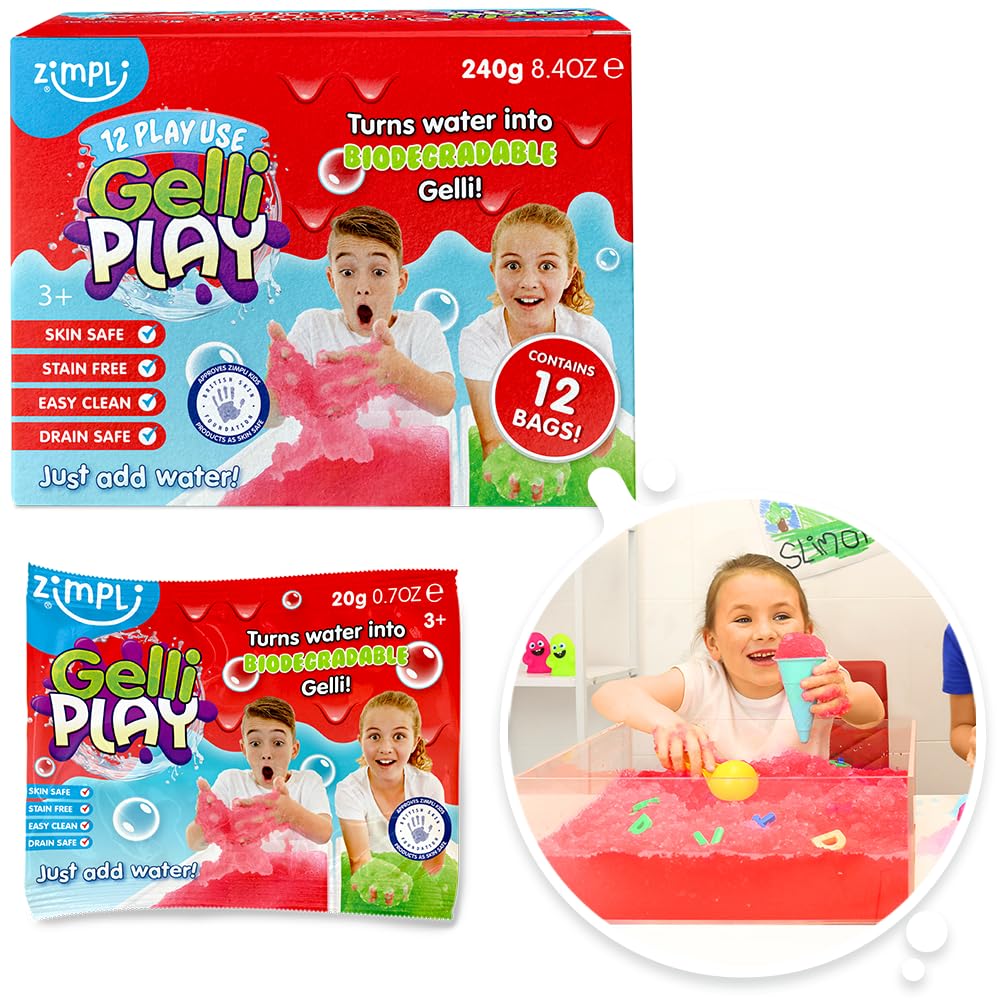 Zimpli Kids 12 x Gelli Play Foil Bags, Magically turns water into thick, colourful goo, Multi-Sensory Pocket Money Toy, Party Bag Fillers, Favours, Rewards