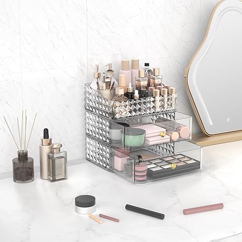 Miniatura 7 de Rosoenvi Organizador de maquillaje para tocador, organizador apilable de cosméticos y almacenamiento, vitrinas de cosméticos con 2 cajones y 1