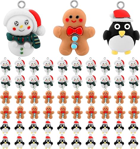 Remuuly 60 dijes de Navidad de hombre de jengibre, Papá Noel, muñeco de nieve, resina, pingüino, dijes de resina de Navidad para hacer joyas,