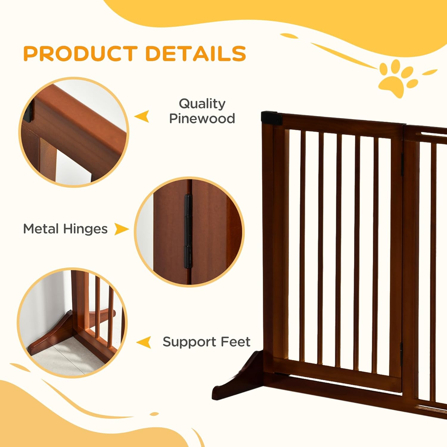 PawHut Adjustable Wooden Pet Gate, Freestanding Dog Fence for Doorway, Hall, 3 Panels w/Safety Barrier, Lockable Door, Brown, 44.5"-65.25" L x 14.25" H