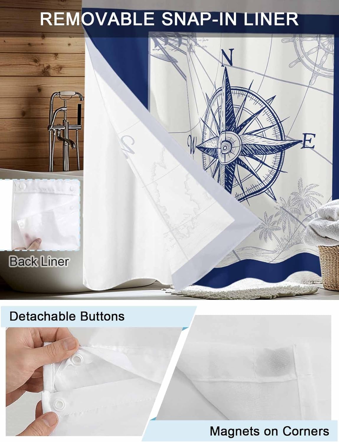 No Hook Shower Curtains, Navy Blue Nautical Long Bathtub Curtains with Snap in Liner, Beach Ocean Coastal Compass Waterproof Washable Fabric Bathroom Shower Curtain Sets, 72" x 78"