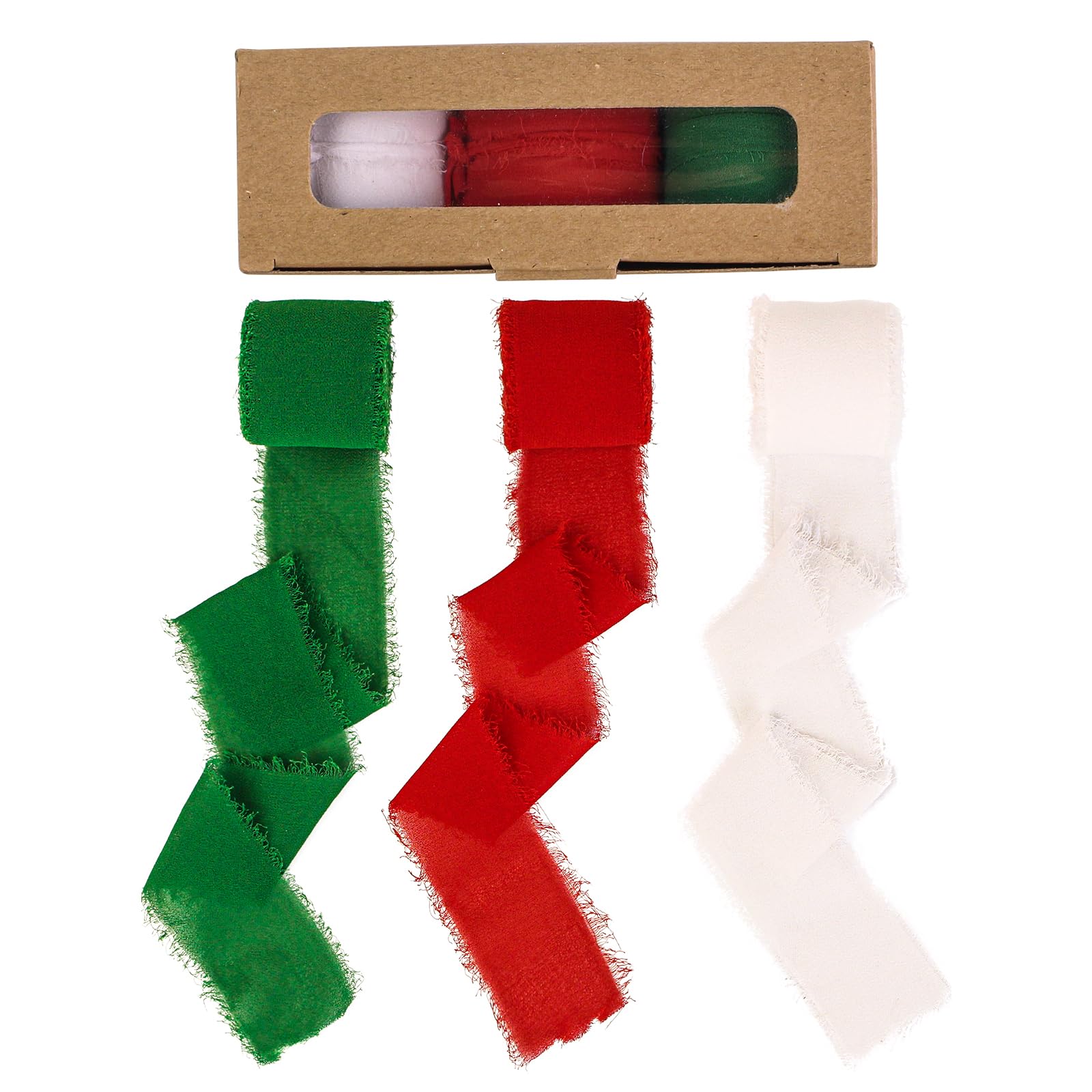 Photo 1 of !!FINAL SALE!!!3 Rolls Christmas Chiffon Ribbon 1.5" X 7yd, Handmade Fringe Chiffon Silk Ribbon Red Green White Ribbons Set for Gifts Wrapping, Wedding Invitations, Bridal Bouquets, DIY Crafts, Christmas