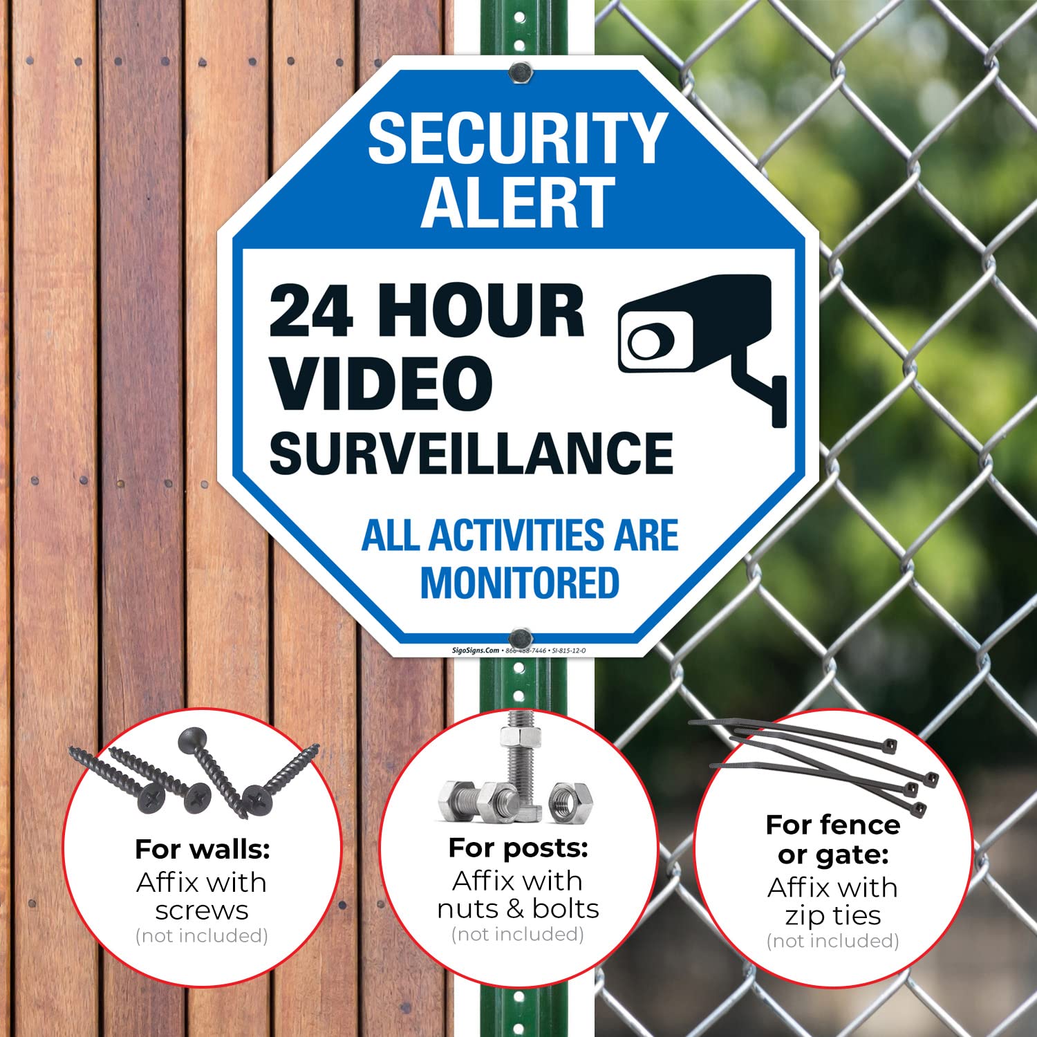 Video surveillance sign – CCTV – 24 horas vigilancia todas las actividades se controlados – Señal de alerta de seguridad leyenda grande 12 X 12 octogonal 0,40 libre de óxido aluminio señal