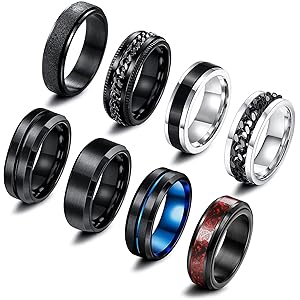 Milacolato 8 Stück Edelstahl Fidget Ring Spinner Ring Edelstahl Spinner Ringe für Zappeln für Damen Hochzeitsversprechen Schwarze Bandringe Coole Schwarze Ringe für Männer 52-70