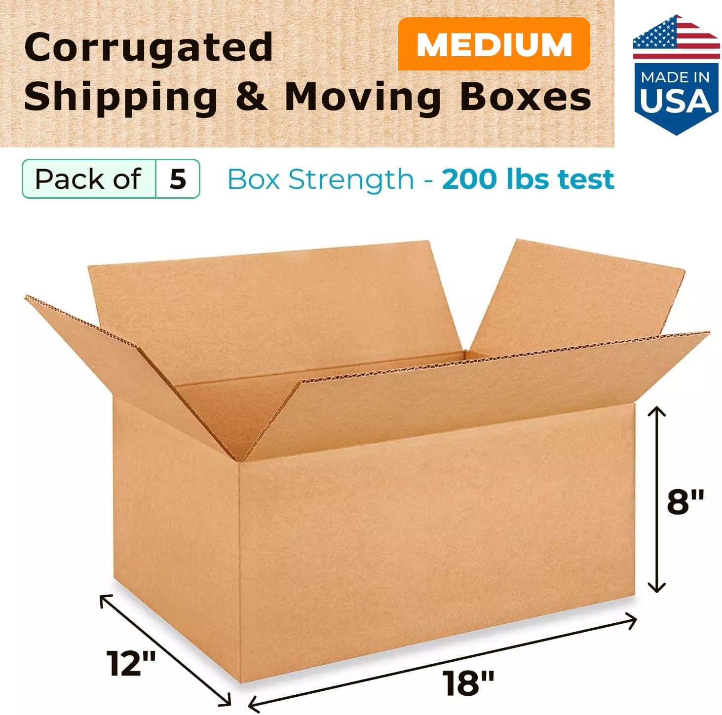 Medium Moving & Shipping Boxes 18 x 12 x 8 inches (5-Pack) - Extra Strength 200 lb vs Regular - USA-Made Corrugated Durable Cardboard Moving Boxes - Packaging & Moving Box Heavy Duty by IDL Packaging