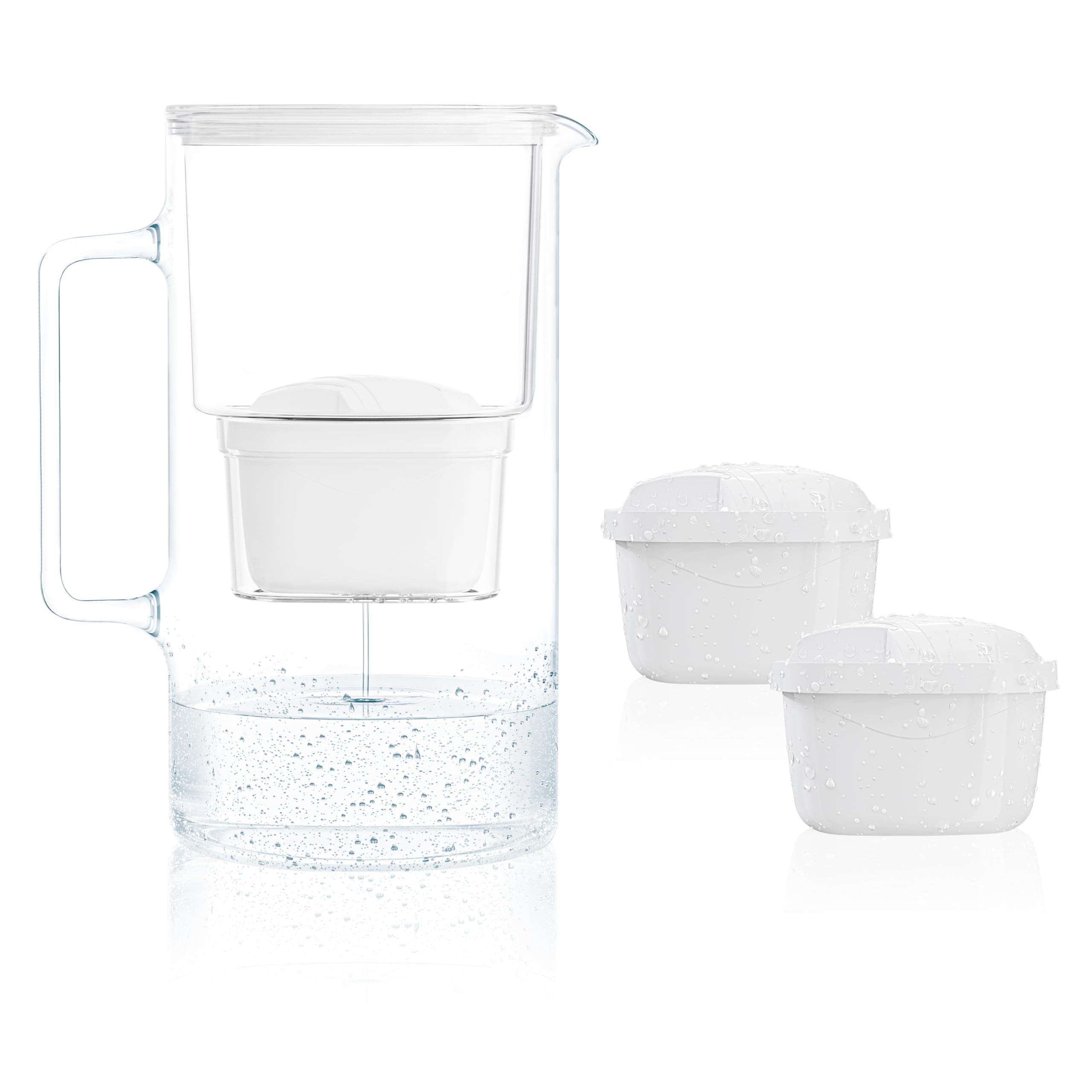 Wessper Wasserfilter Kanne Glas 3 L, Set Wasserkanne und 2 Filterkartuschen, Kompatibel mit Brita Maxtra, Wasserkaraffe für Trinkwasser mit Ersatz Filter - Weiß