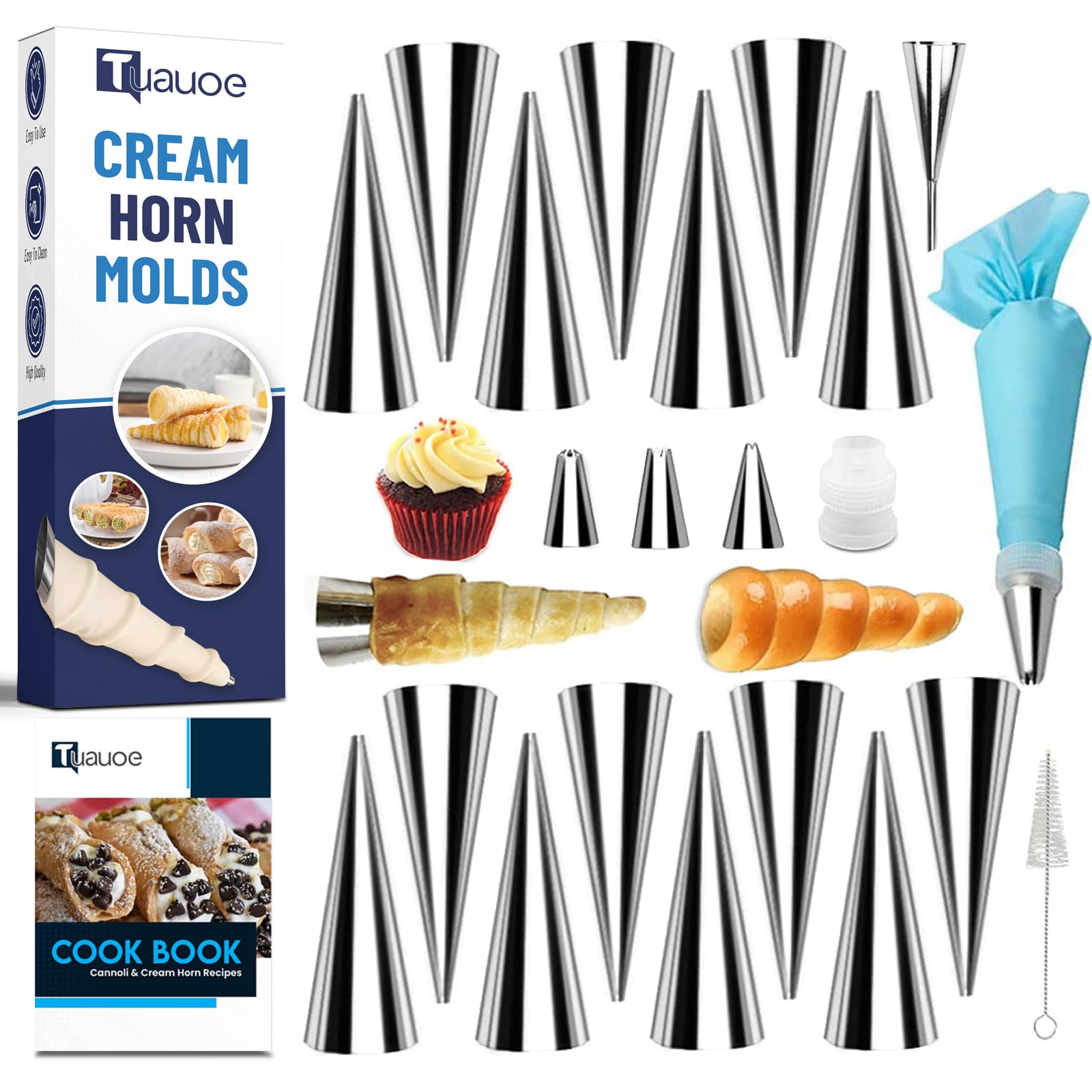 Tuauoe Cream Horn Molds for Baking, 23pcs Horn Forms Set, Non-stick Stainless Steel 15pcs Cone Shaped with Cleaning Brush, Piping Tip, Piping Bag, for ice Cream Cones, Puff Pastry, Baking Cones