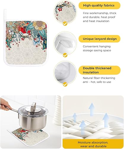 Miniatura 2 de 3 Packs Boho Botanical Floral Pot Holders Sets for Kitchen,Oven Pan Plate Bowl Pads Heat Proof Mat with Hanging Loop,Terry Cloth Potholders for