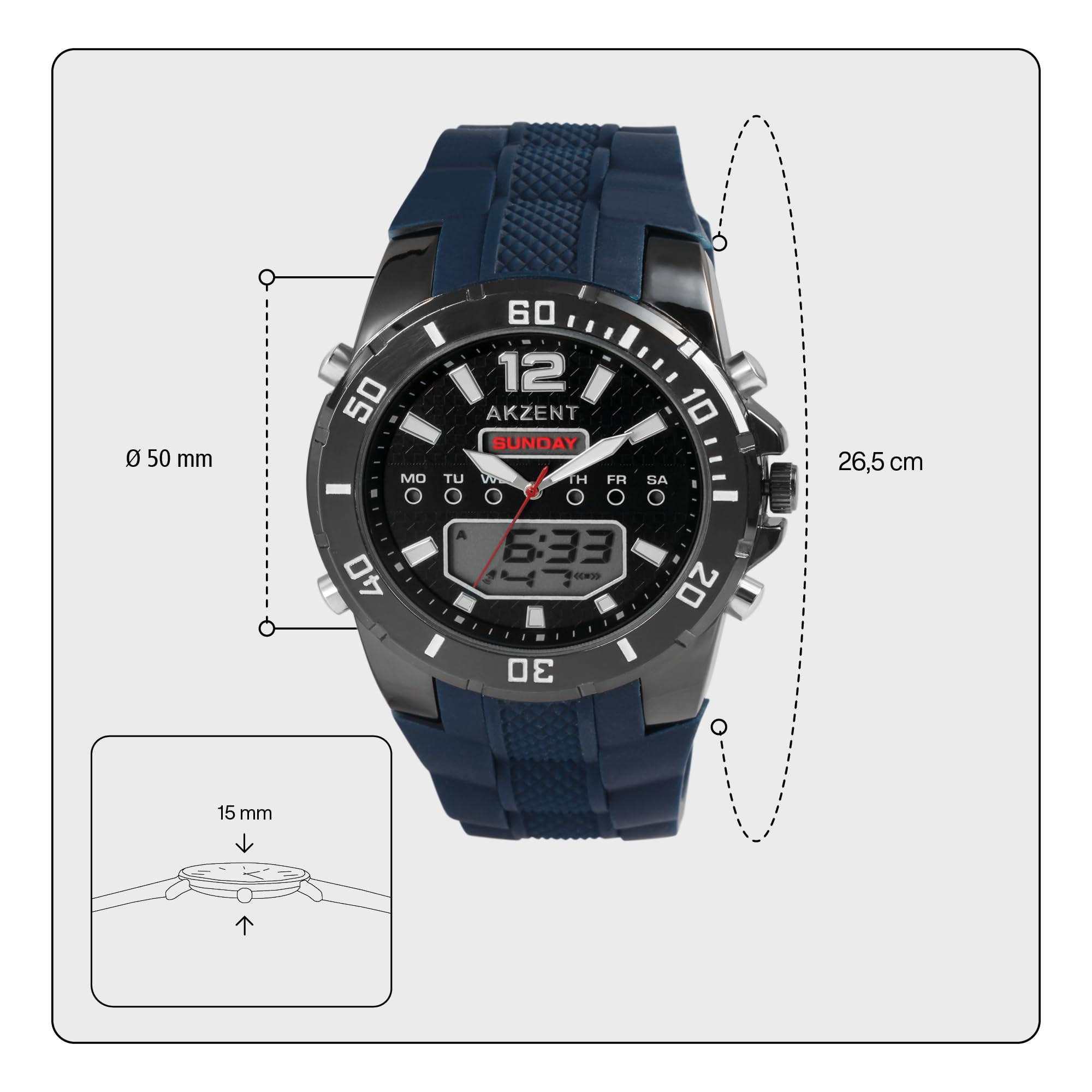 Akzent Orologio da uomo in silicone, lancette luminose, analogico, digitale, 2420025, Blu