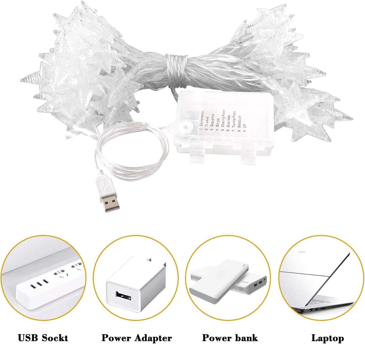 Aluan 50 LED Star String Lights 21FT+3.2FT Christmas Lights, USB & Battery Operated Waterproof Twinkle Fairy Lights with 8 Modes for Indoor Outdoor Home Garden Party Wedding Christmas Tree(Warm White)