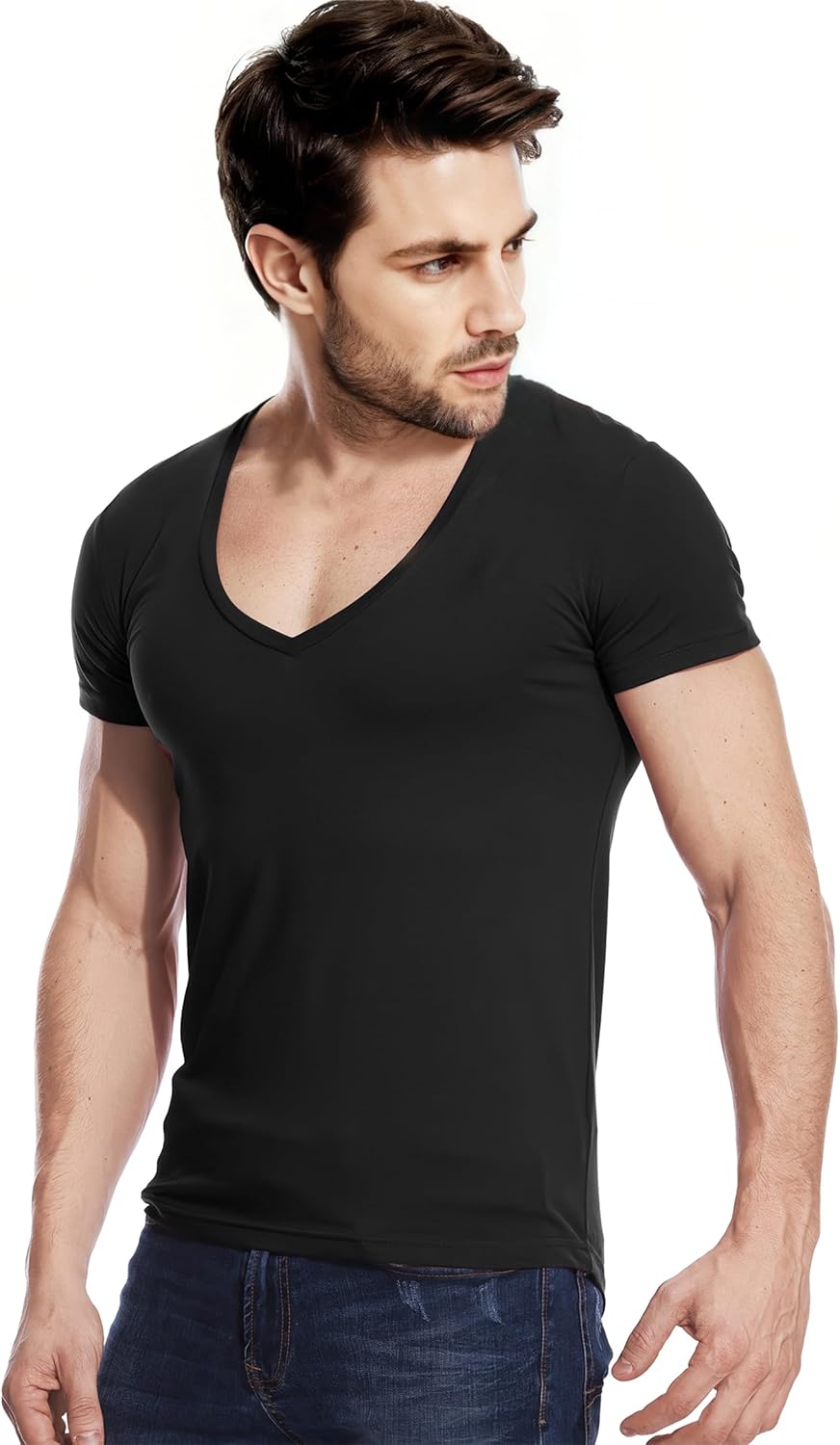Mens Deep V Neck T-Shirts Vneck Tshirt Low Cut Undershirts Slim Fit Short Sleeve Tees - Image 5
