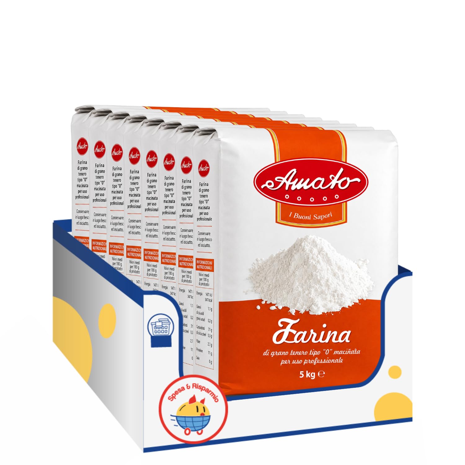 Amato Farina Manitoba Tipo 0 5 kg, Farina di Grano Tenero ad Alta Forza, Ideale per Pizza, Pane, Lievitati, Brioche e Dolci, Confezione Multipla da 4/8/12 Pezzi (8 PEZZI)