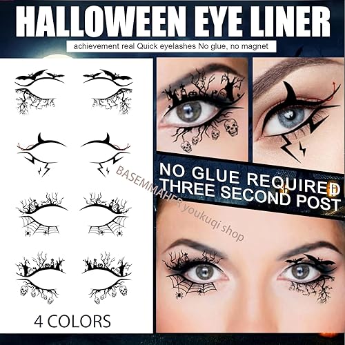 Miniatura 7 de 4 pares de calcomanías de tatuaje temporales de sombra de ojos de Halloween, calcomanías delineadoras de ojos y 2 hojas de telaraña, calavera,