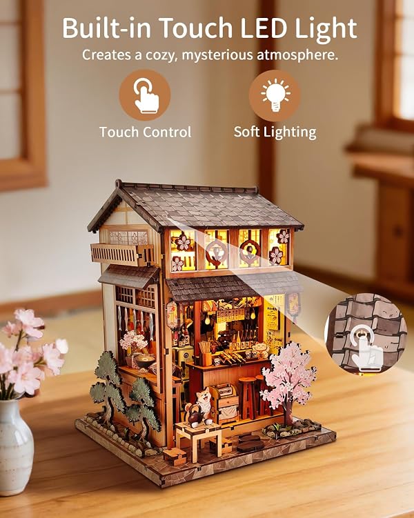 BELEEV Japanese Book Nook Kit DIY Miniature House Kit with LED Light, Izakaya Yakitori Shop 3D Wooden Puzzle Model Kit for Adults Teens, Japanese Street Miniature Dollhouse Bookshelf Decor Craft Gift by BELEEV - Image 4