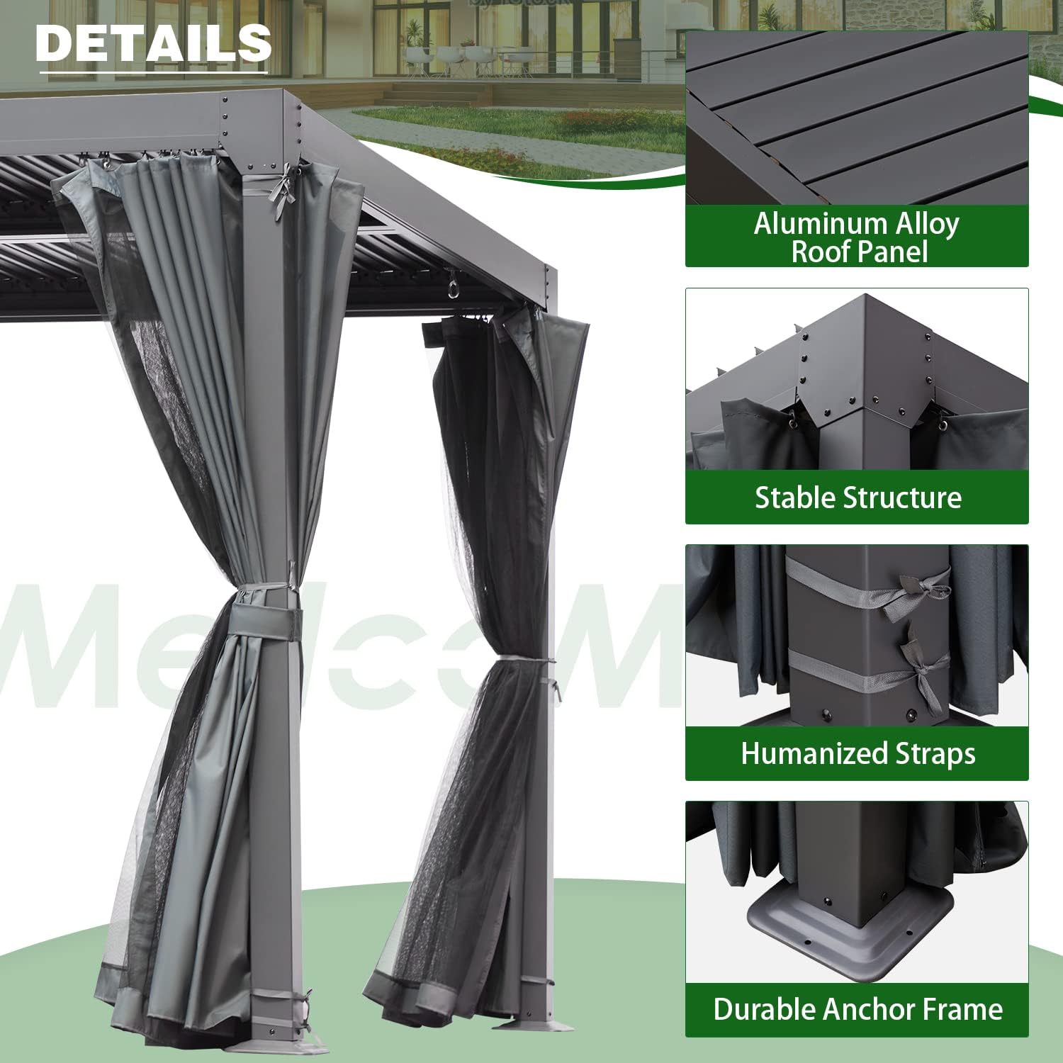 Close-up details of the pergola structure, showing aluminum alloy roof panel, stable structure, humanized straps, and durable anchor frame.