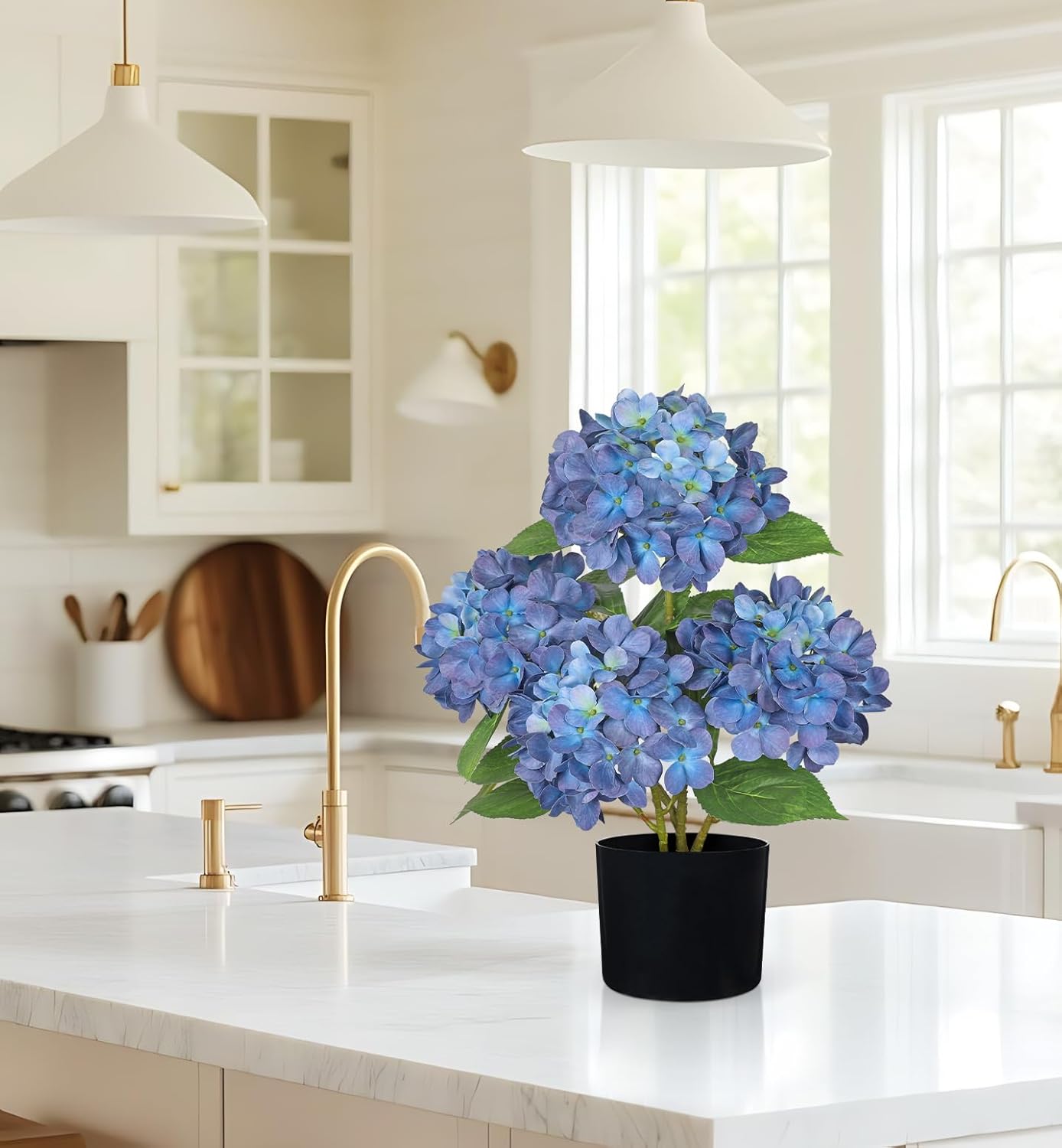 Hollyone Navy Blue Hydrangea Artificial Flowers in Pots 19.7" Four-Head Faux Silk Hydranges Flower Arrangements for Indoor Home Office Kitchen Table Centerpieces Wedding Decorations