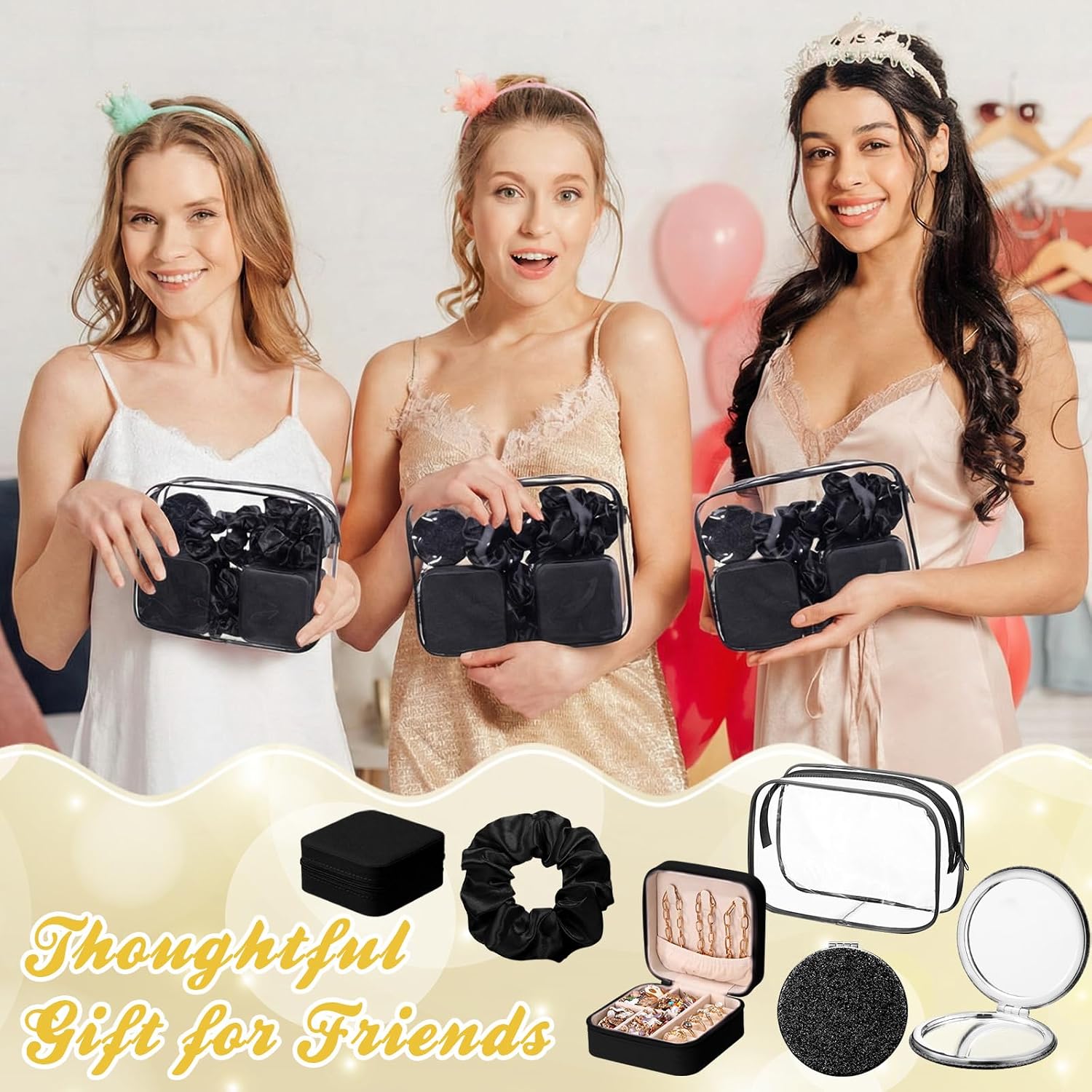 Yalikop 24 Pcs Spa Party Favor 6 Jewelry Boxes 6 Scrunchies 6 Glitter Mirrors 6 Bag Gift for Bridesmaid Bridal Bachelorette Party (Black)