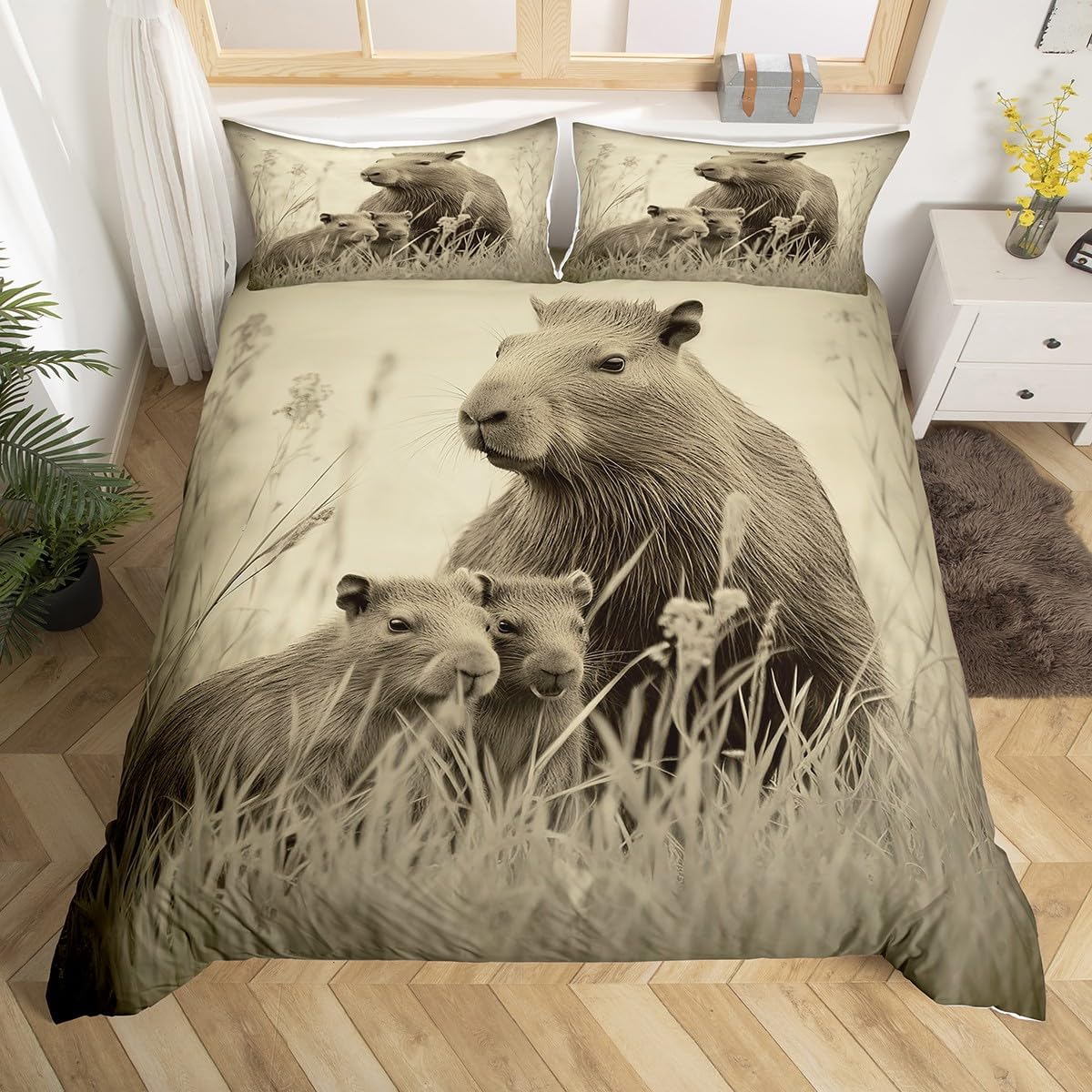 Toddlers Capybara Bedding Set Cartoon Wild Animals Duvet Covers for Kids Boys Girls Bedroom, Zoo Animal Comforter Cover Capybara Gifts for Kids Jungle Natural Bed Cover with 2 Pillowcases, Full
