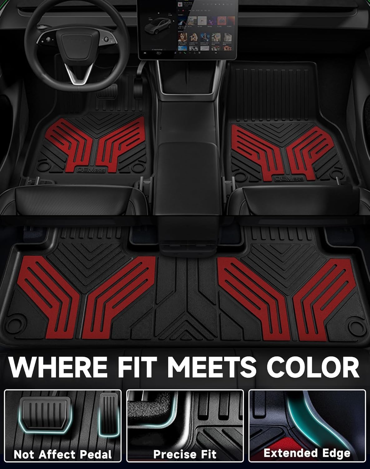 Premium Color TPE Floor Mats 3-PCS Custom Fit for Tesla Model Y Juniper Accessories 2025 2026 | Racing Red Wing Design | Car Mat Full Set Front & Rear | All-Weather Protection