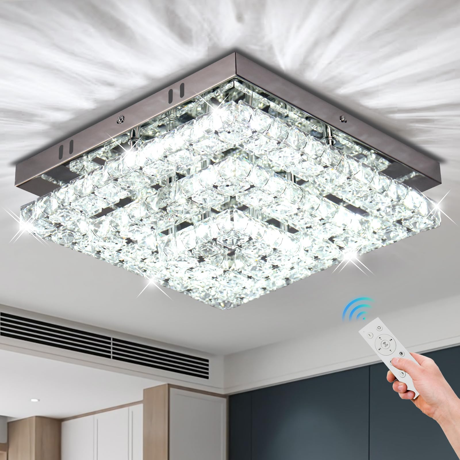 Ceiling Light Crystal Chandeliers Crystal LED Ceiling Light 11.8" Square Flush Mount Modern Chandelier Ceiling Lights Fixtures for Bedroom Dining Room Hallway Dimmable by Remote Control [Energy Class E]