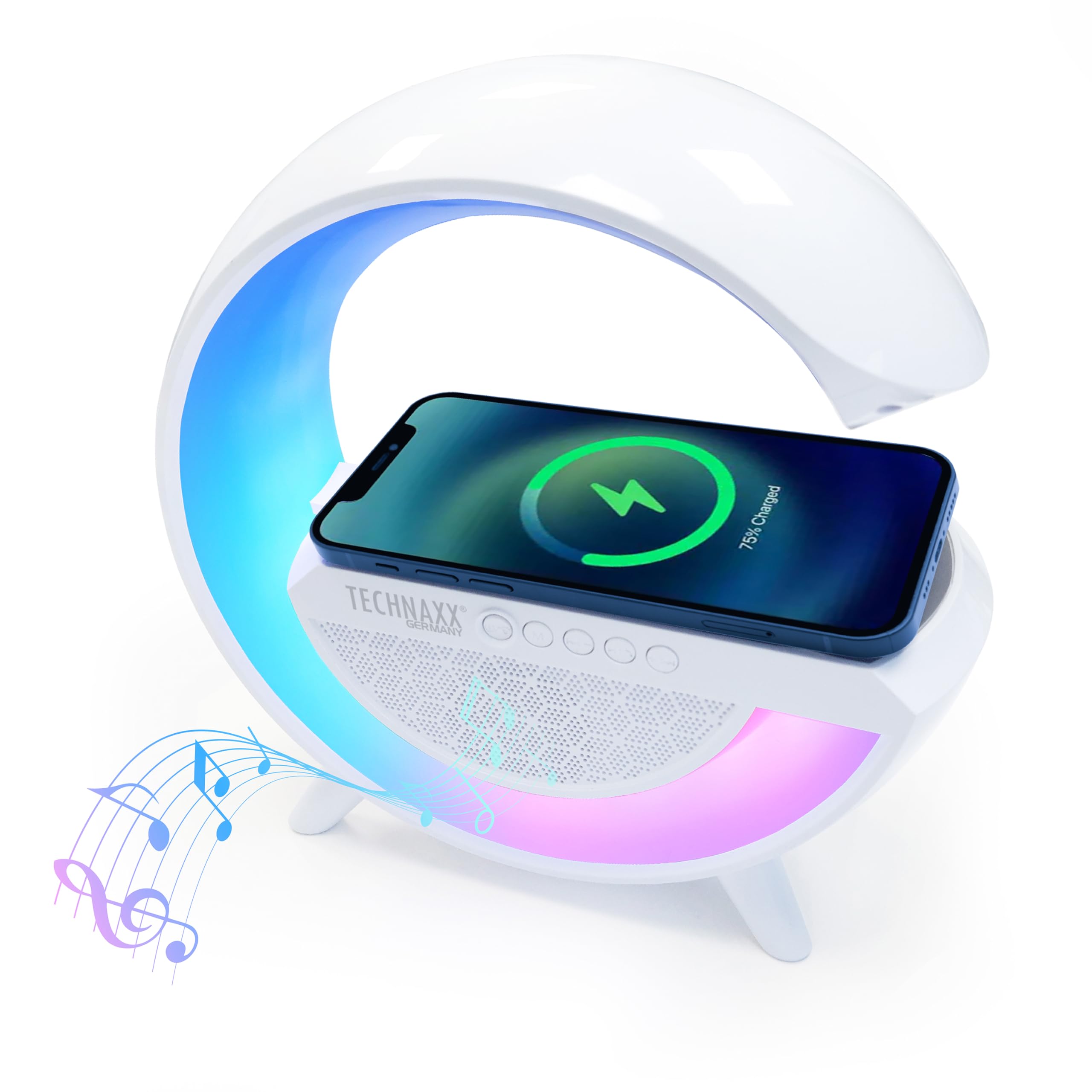 Technaxx LED Nightlight Speaker With 10W Wireless Charging and 6 RGB Light Modes, G-Shape Bluetooth Speaker