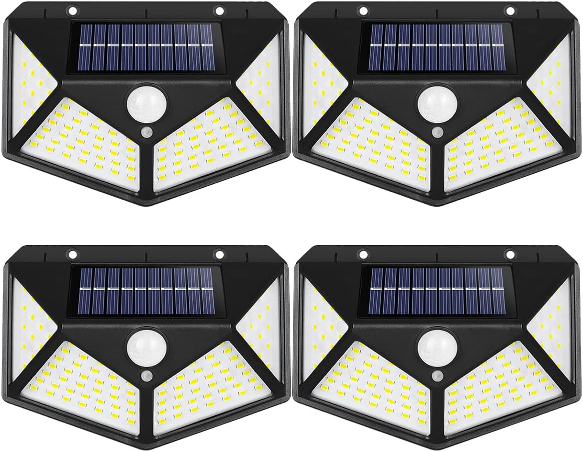 4 Pack Outdoor Solar Wall Lights 270° Wide Angle Solar Motion Sensor Security Waterproof Outdoor Lights 100 LEDs IP65 for Garden (Black)