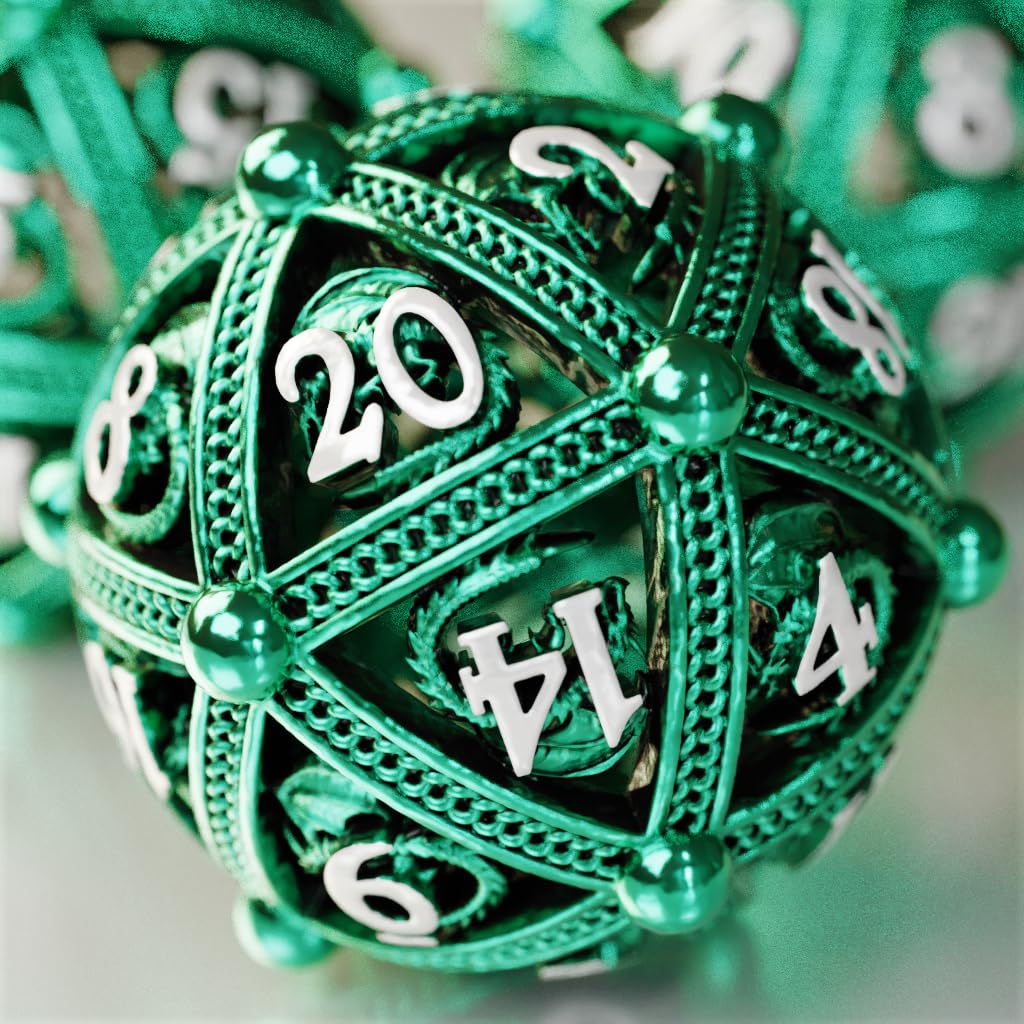 Lot de dés DND en métal – Design rond en orbe creux pour un meilleur roulement – Beau jeu de dés en métal dragon pour jeux de rôle (RPG) – Superbe jeu de dés D&D Donjons et Dragons (vert)