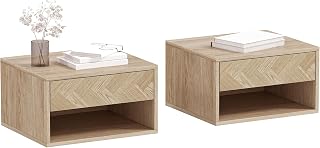HOMCOM Set of 2 Wall Mounted Bedside Tables, Hanging Bedside Tables with Sliding Drawer, Open Compartment, Tray, Modern Style, 37 x 32 x 21 cm, Natural Wood