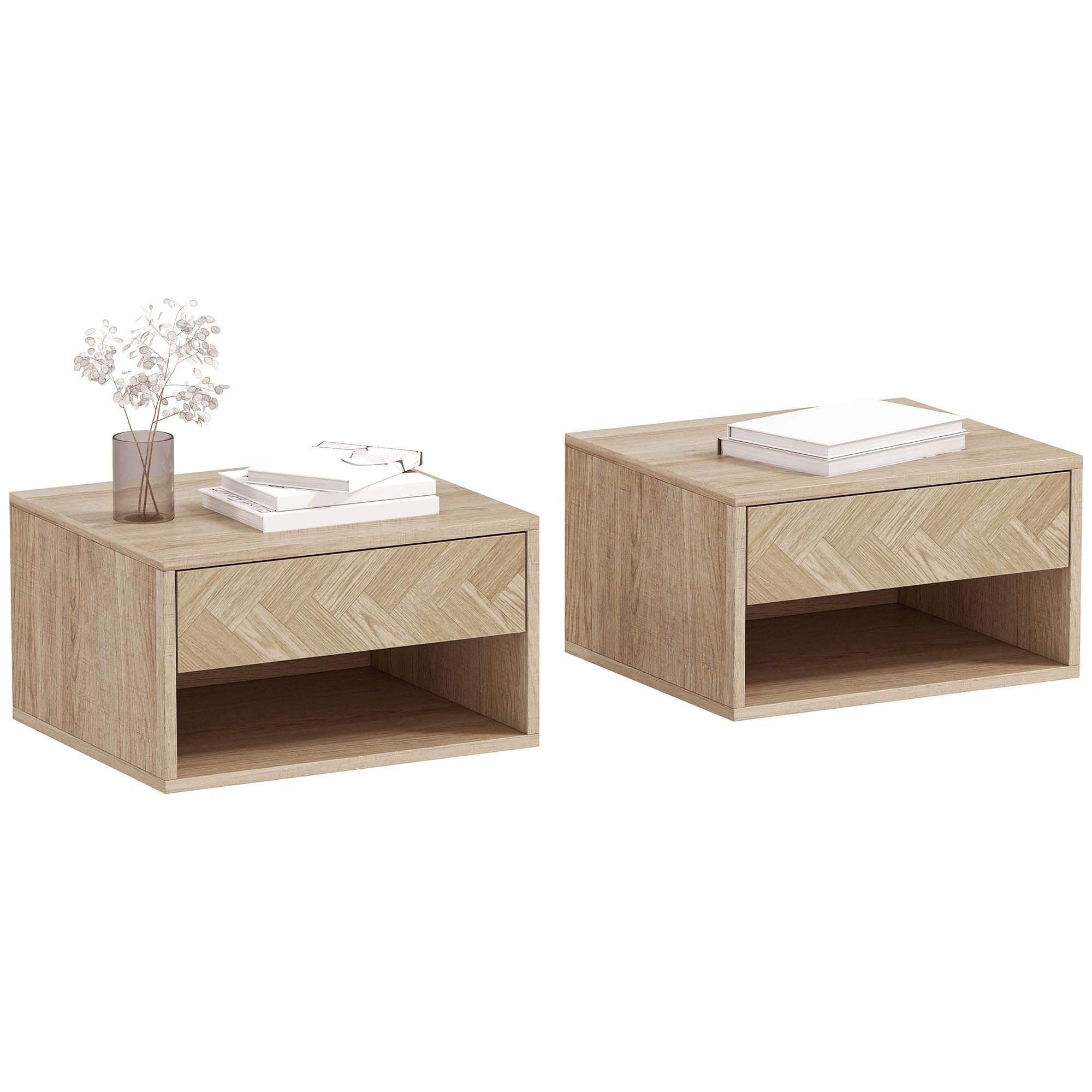 HOMCOM Lot de 2 Tables de Chevet murales, Tables de Nuit suspendues avec tiroir Coulissant, Compartiment Ouvert, Plateau, Style Moderne, 37 x 32 x 21 cm, Bois Naturel