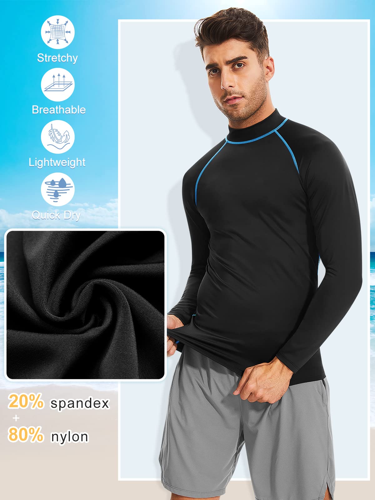 Rash Guard - Camiseta de natación de manga larga para hombre, protección solar UV UPF 50+, secado rápido, para deportes acuáticos
