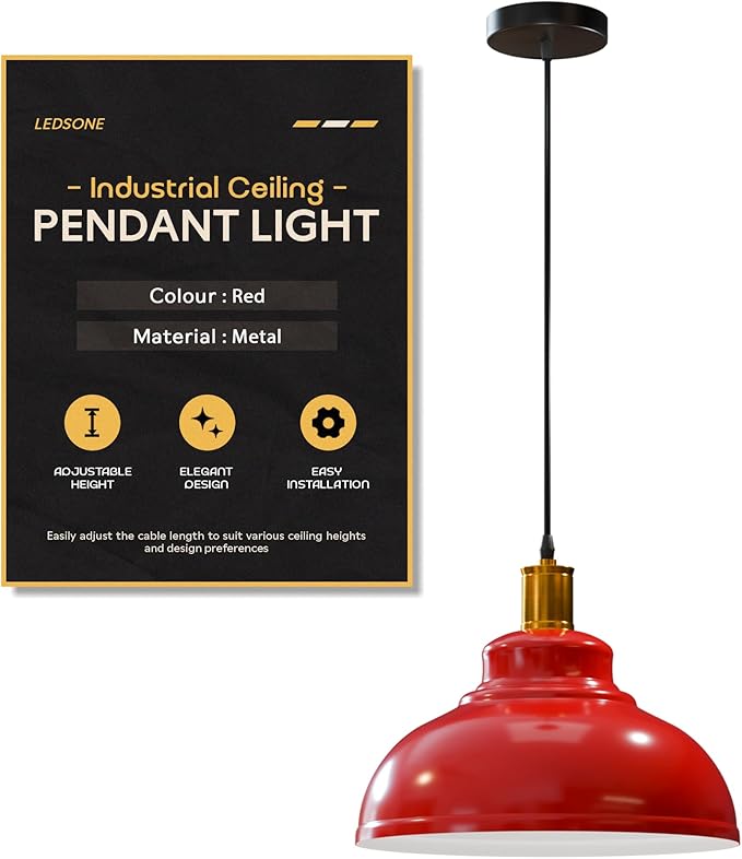 LEDSone LEDSone Retro Metalen E27 Base Hanglamp Schaduw Armatuur Vintage Industriële Stijl Plafondlamp Schaduw Woonkamer Vintage Metalen Curvy Lampenkap Hanger Hanglamp (Rood)