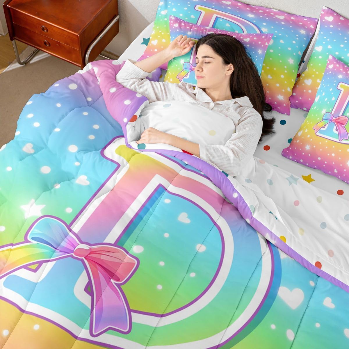 Erosebridal Initial Letter D Bed in A Bag Twin | Rainbow 7 Piece Comforter Set Stars Pattern Glitter Tie Dye Bed Sheets Cute Rainbow Ombre Princess Bowknot Fitted Sheet Breathable Lightweight