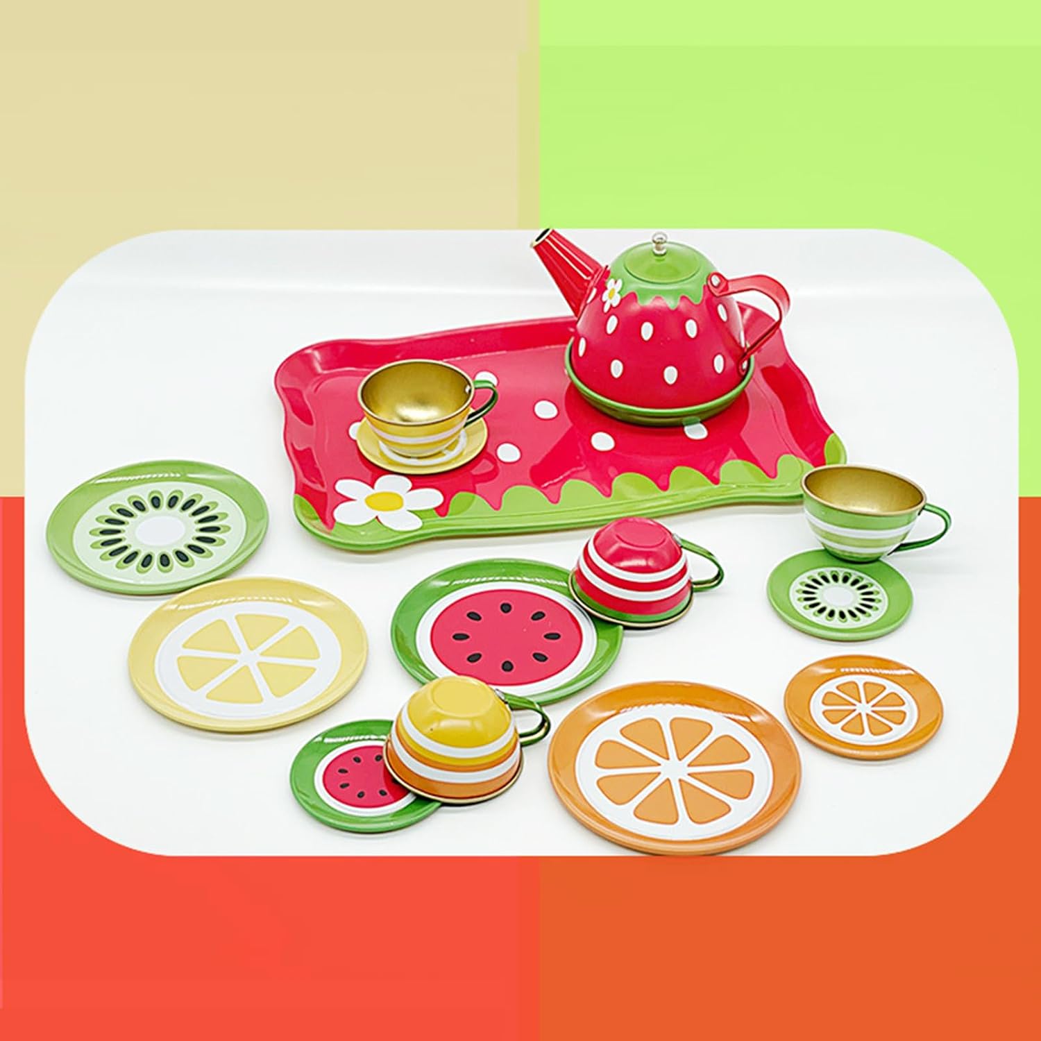14-Piece Pretend Teapot Set Tea Party Kitchen Pretend Playset Toy Metal Kitchenware Tea Cups Dishes Accessories
