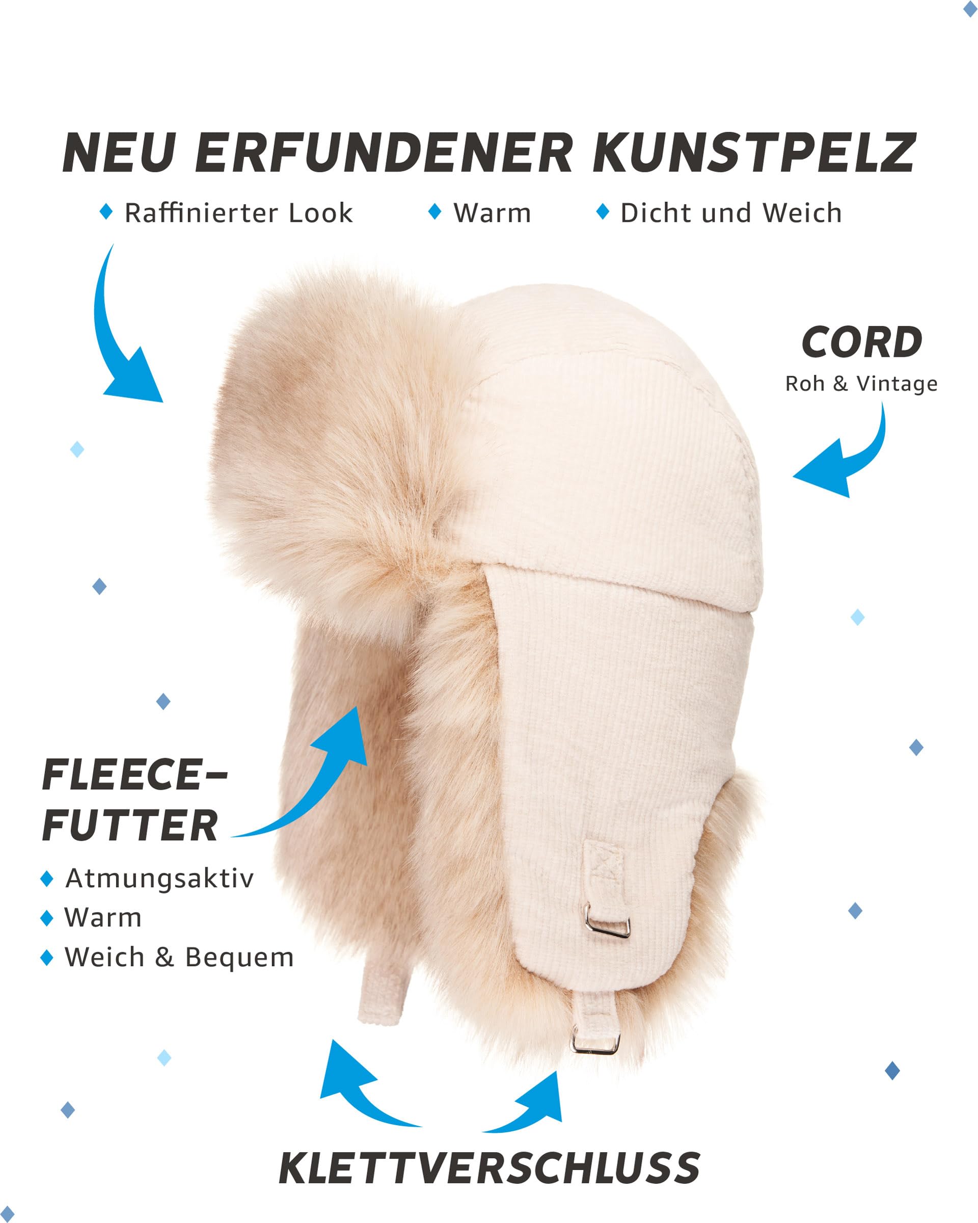 Futrzane Trappermütze aus Cord - Ushanka Damen - Winter Mütze mit Ohrenklappen