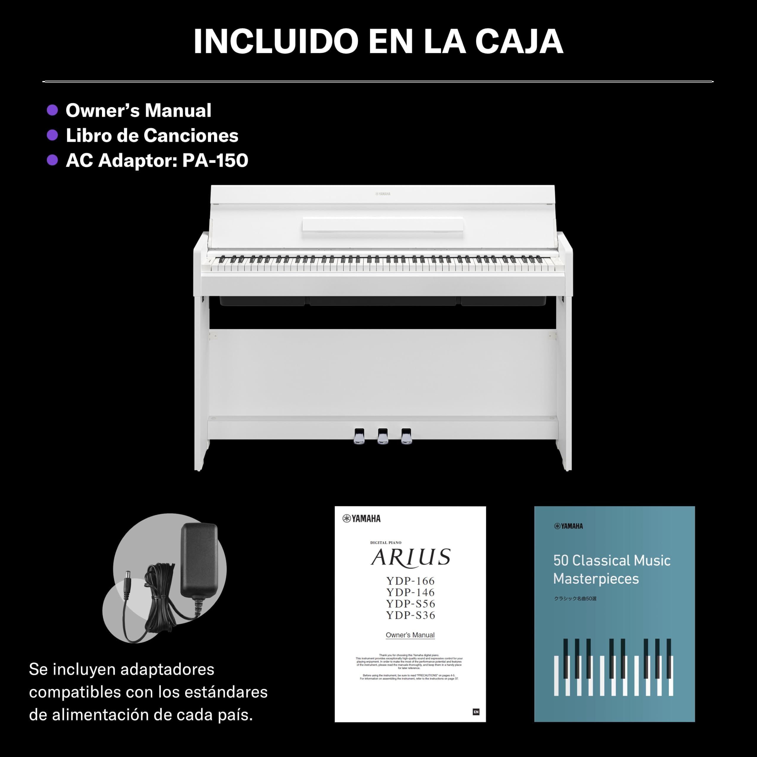 YAMAHA YDP-S36 Piano Digital – 88 Teclas Contrapesadas GHS, Sonido CFX Concert Grand, Diseño Slim, Bluetooth, 3 Pedales, Ideal para Casa y Principiantes – Blanco