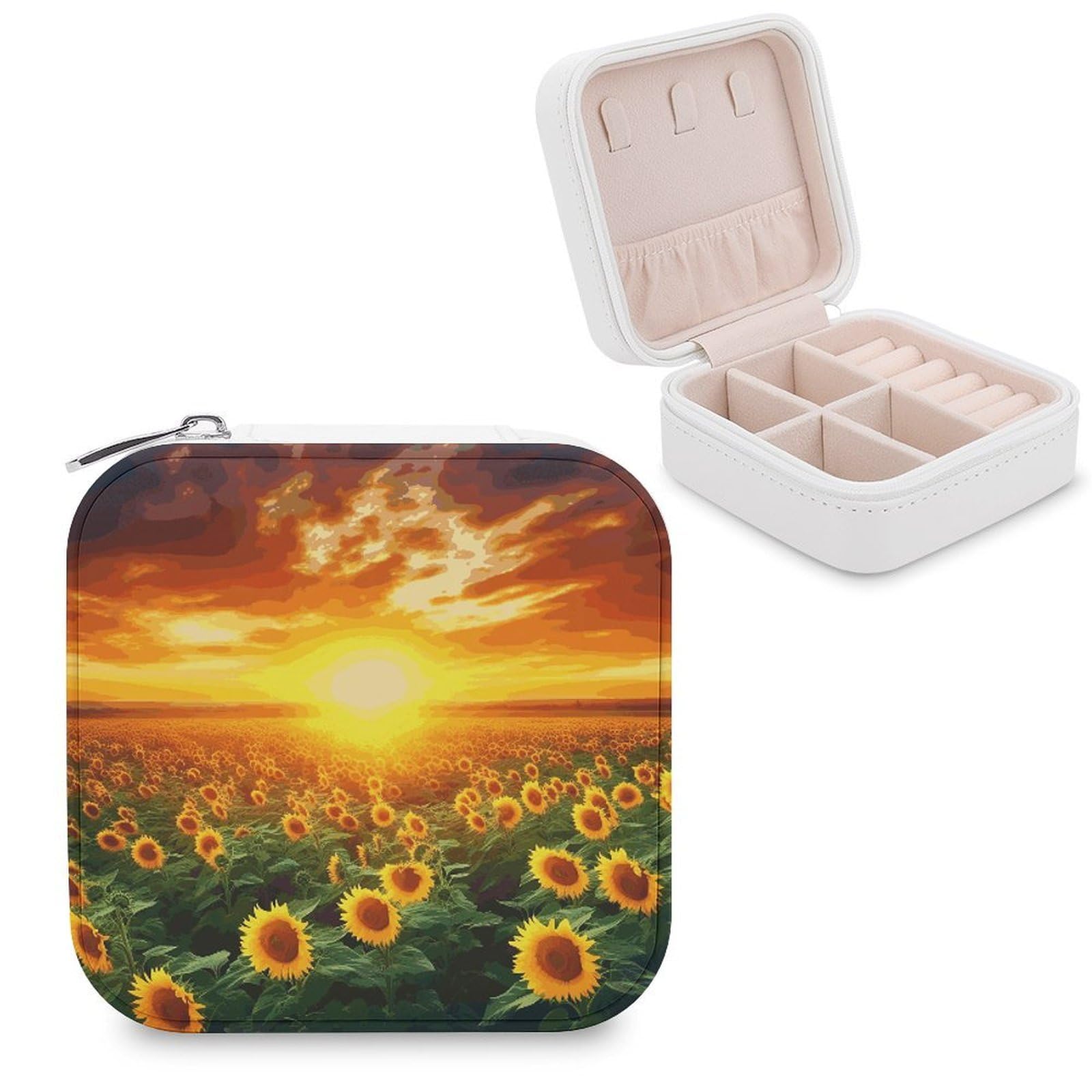 JTREHY Travel Dreamlike Sunset Of A Sunflower Field Jewelry Case Portable Display Storage Box PU Leather Mini Jewelry Travel Case Personalized Travel Jewelry Organizer Small Jewelry Box for Women