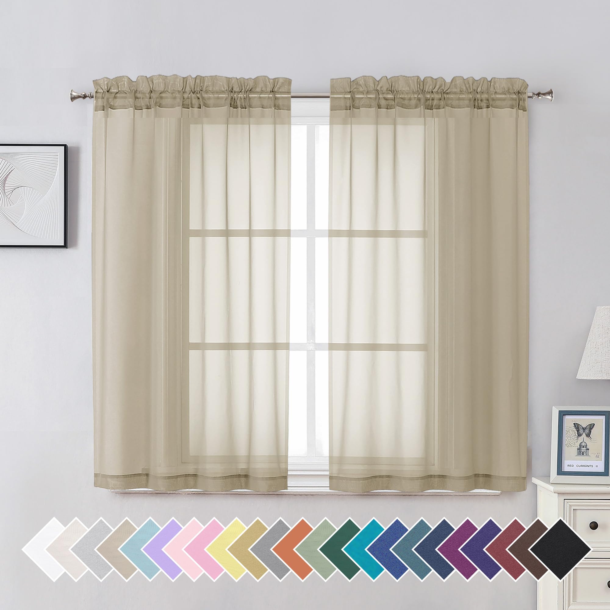 Aiyufeng Taupe Sheer Curtains 45 Inches Long 2 Panels Set, Semi Transparent Voile Rod Pocket Sheer Window Drapes for Bedroom Bed Canopy Living Room Dining Wedding Party Backdrop, 42W x 45L inch โ image 1