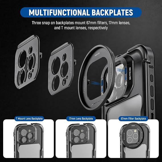 NEEWER 16 Pro Cage, Quick Release Video Rig Phone Stabilizer Compatible with iPhone 16 Pro with 67mm Filter Adapter, 17mm Lens Backplate, T Mount Lens Adapter Compatible with Moment, PA073