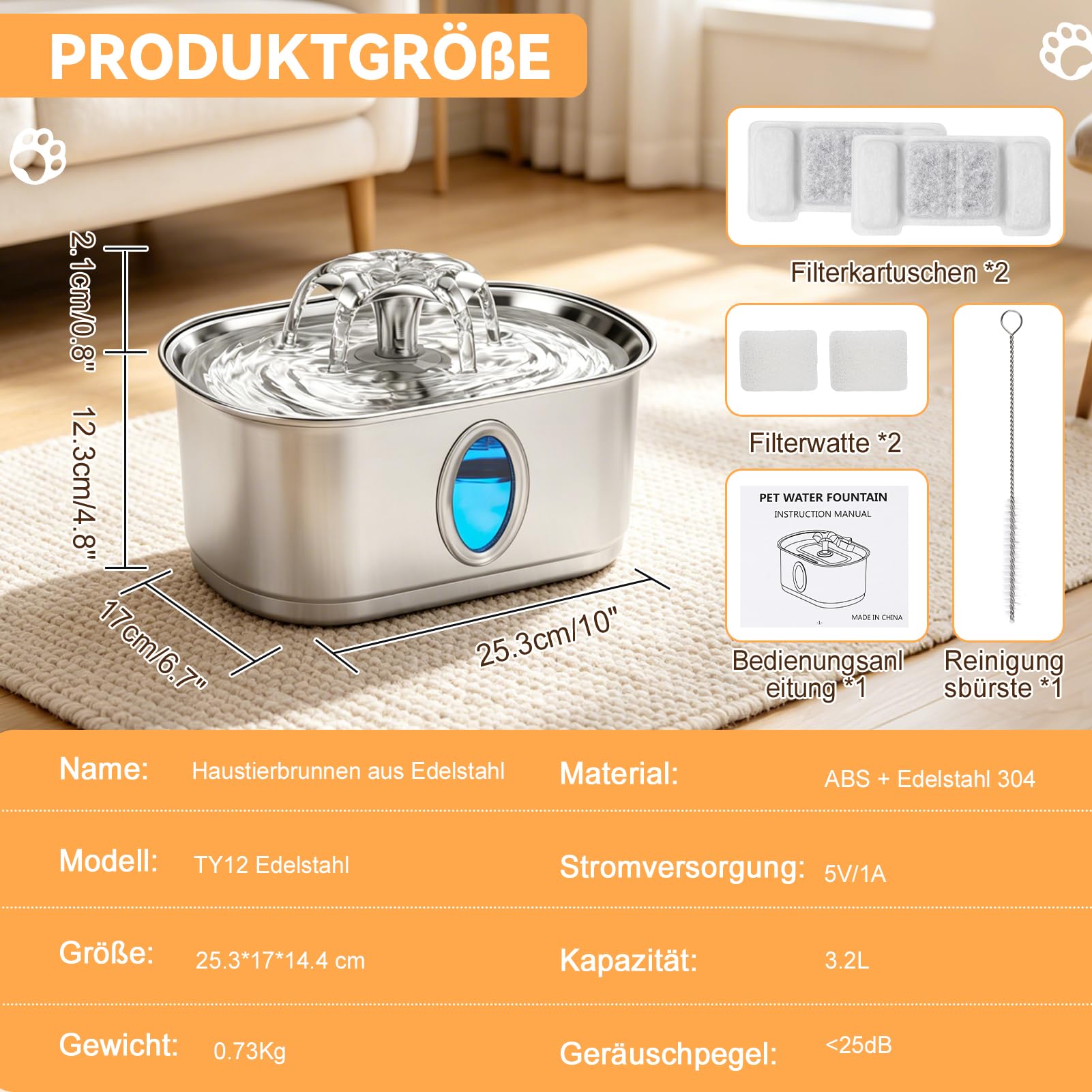 Katzentrinkbrunnen Trinkbrunnen für Katze mit 2 Filter 2 Schwamm | 3,2L, Ovales Sichtfenster, Leiser Betrieb, Edelstahl 304, mit USB-Anschluss, TY12