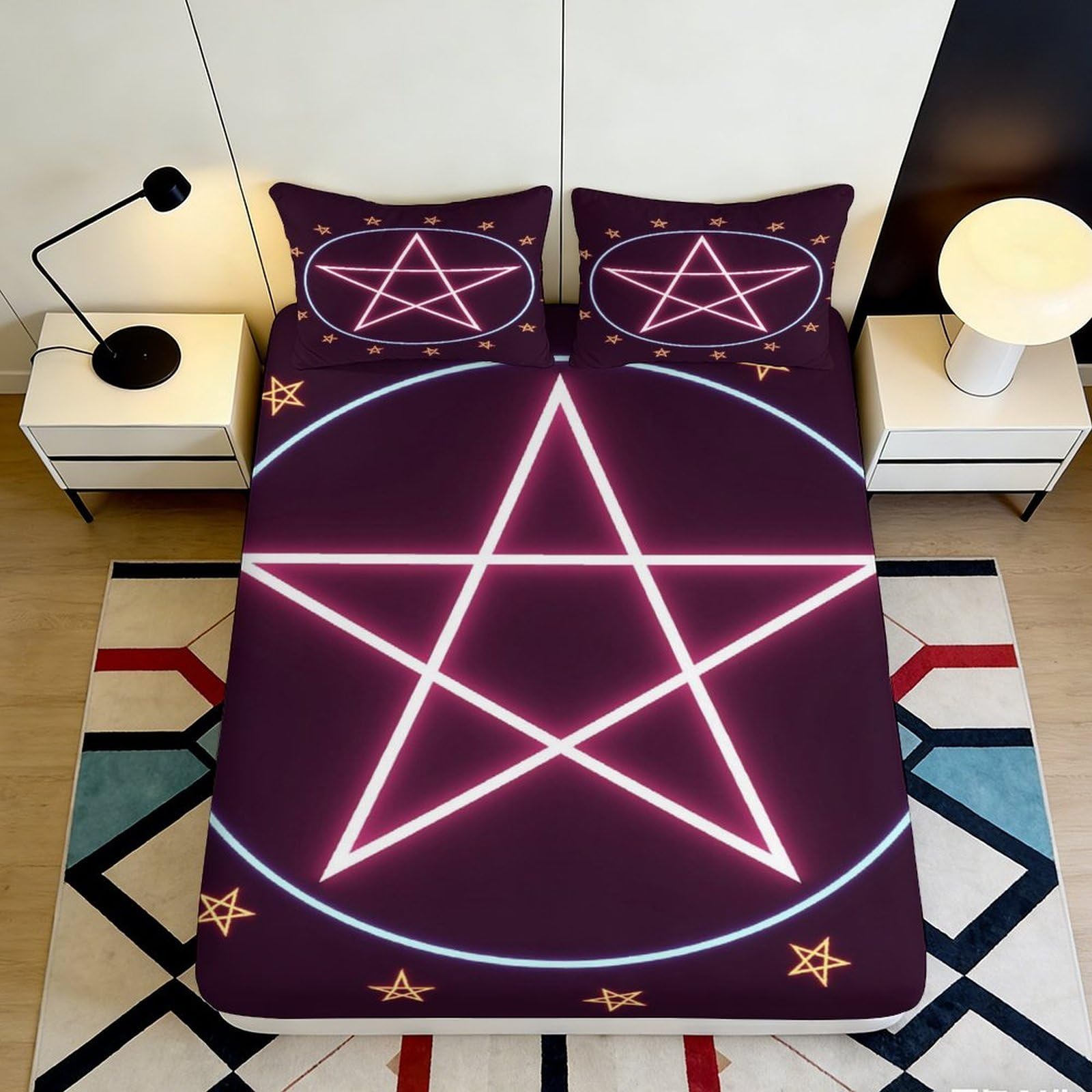 3D Printed Purple Pentagram Fitted Sheet Microfiber Soft Breathable Neon Star Bed Sheet for Bedroom Dormitory Guest Room Mattress Protection Decor 160x200x25cm