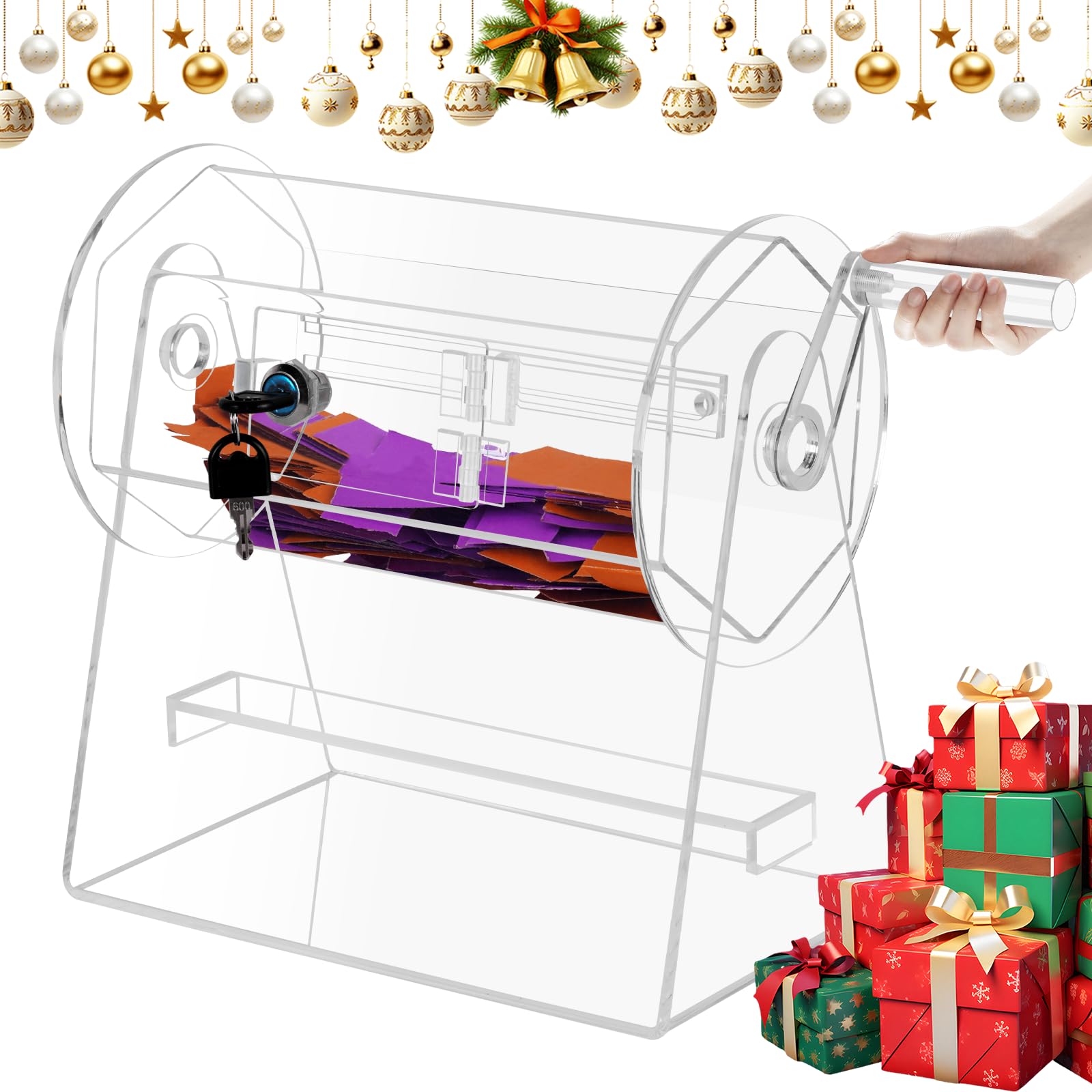 YUCHENGTECH Acrylic Raffle Drum Raffle Ticket Spinner Holds 2000 Tickets with Handle and 2 Keys Clear Raffle Ticket Spinning Cage Raffle Ticket Box for Lottery Games Bingo Raffle Balls